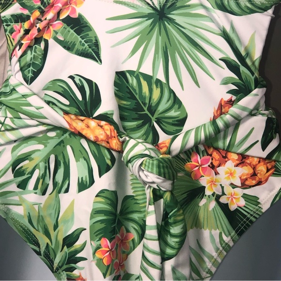 Light Blue Pineapple Tropical Floral One Piece Swimsuit High Cut Legs Size S - Picture 2 of 5